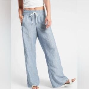 Athleta Women's Size 14 Blue Cabo 100% Linen Wide Leg Pants Resort Beach Comfort
